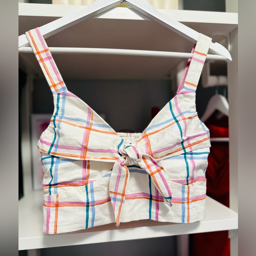 Wayf Linen Rainbow Plaid Crop Top with Front Tie